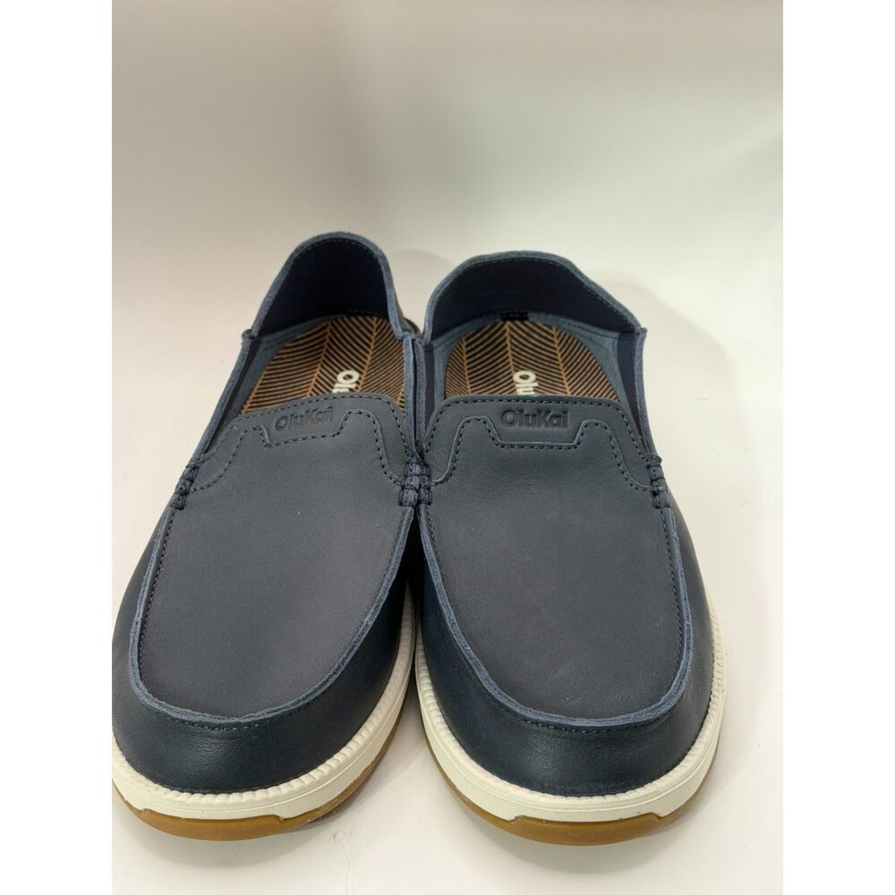 NWOT OluKai Kakaha Men's 11 Navy Blue Leather Slip On Loafers Shoes